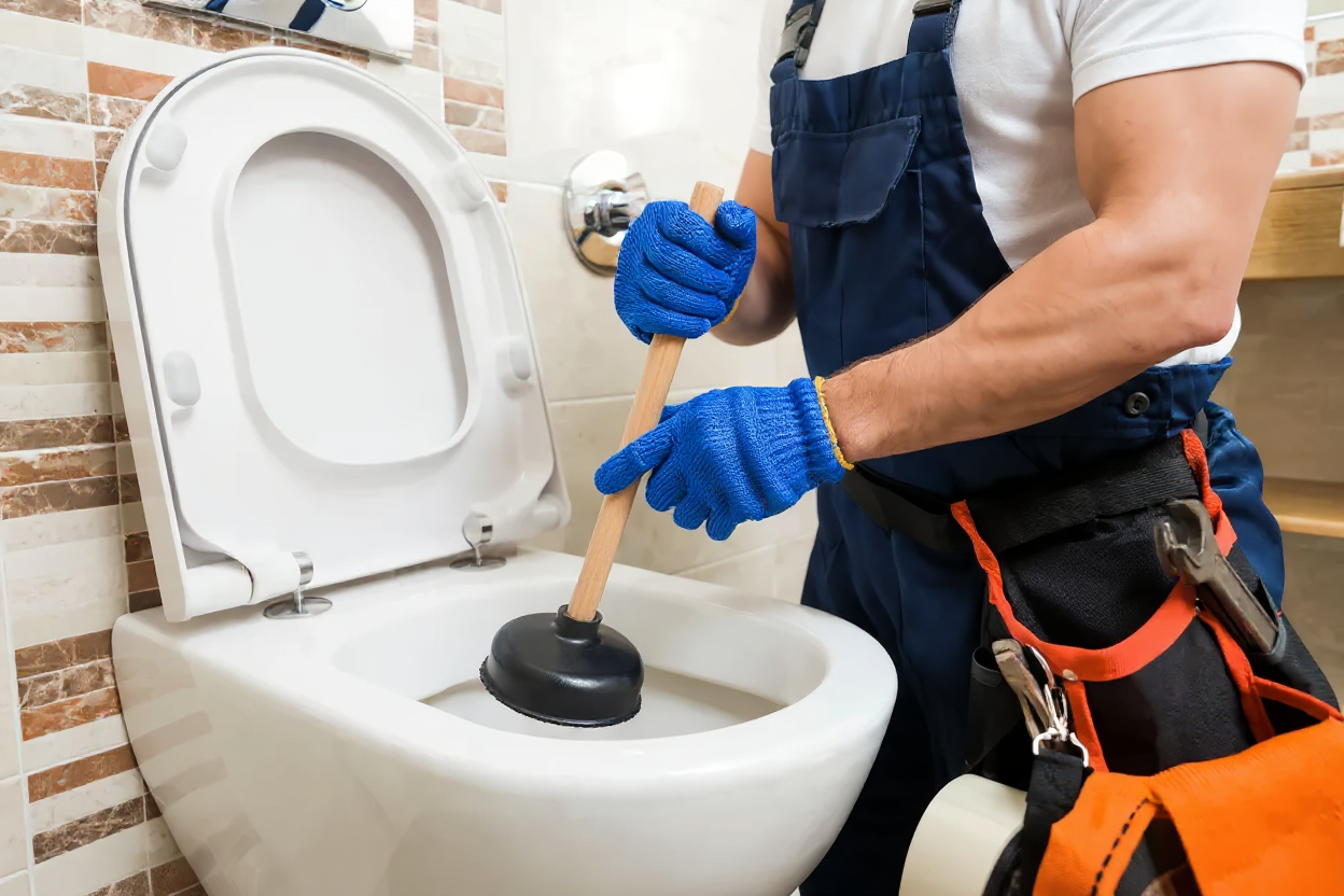Profissional desentupindo vaso