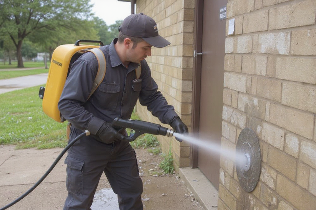 Técnico realizando desentupimento de águas pluviais