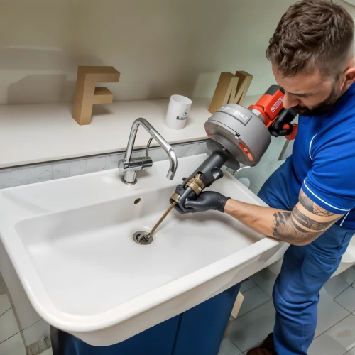 Técnico realizando desentupimento de pia